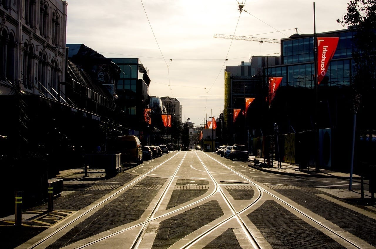 Christchurch Vías Del Tranvía La Reflexión Sobre Las Pistas Nueva Zelanda