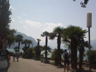 El paseo del lago está bordeado por cafés, restaurantes, bares y... palmeras. Montreux Suiza