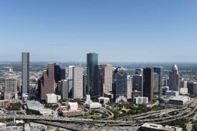 Vista Aérea Skyline De Houston Urbana Carreteras Estados Unidos