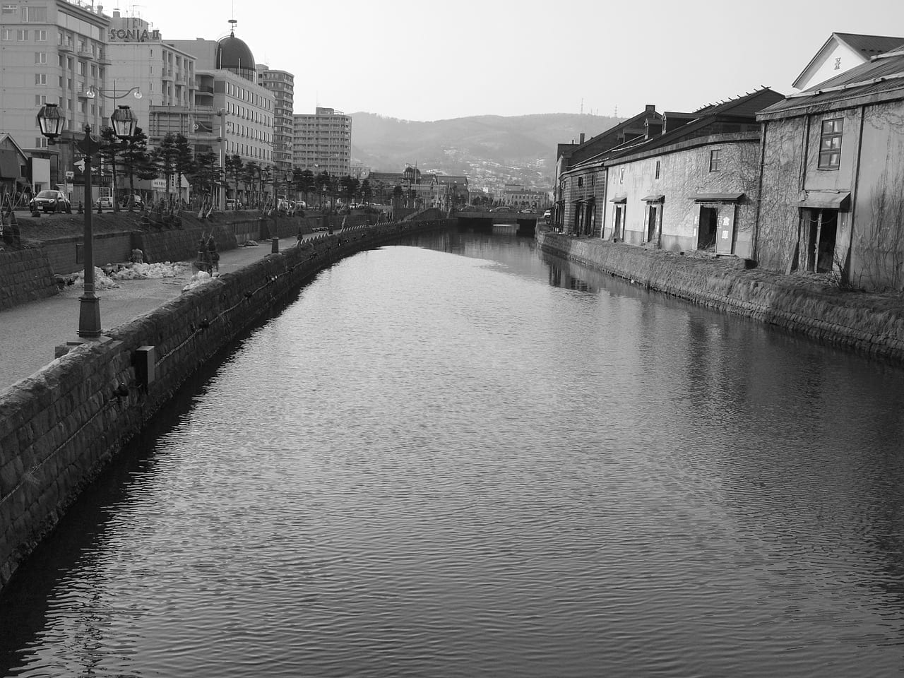 Canal Canal De Otaru Blanco Y Negro Japón